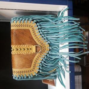 Montana West Purse Wrangler Hair Partial Leather Fringe Cross Body Bag Turquoise
